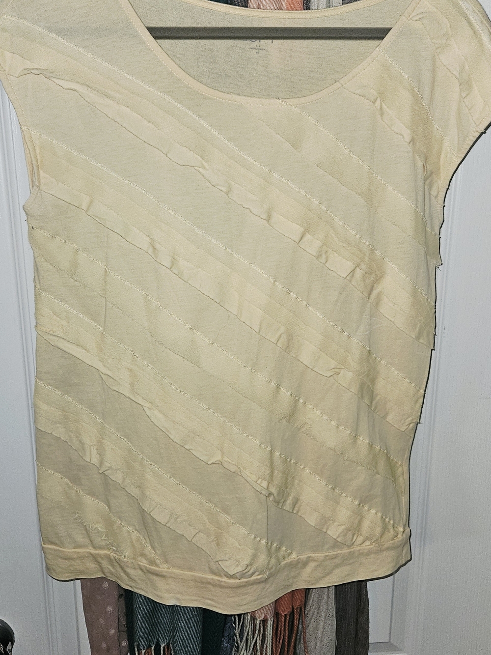 LOFT Cream Ruffle-Striped Cap Sleeve Top